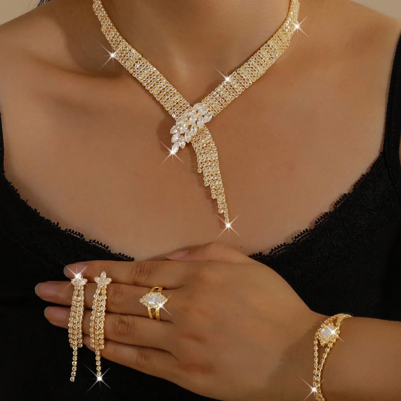 Ladies' Fashion Crystal Necklace Bracelet Earring Ring Wedding Party Elegant Jewelry Classic Jewelry Set Accessories