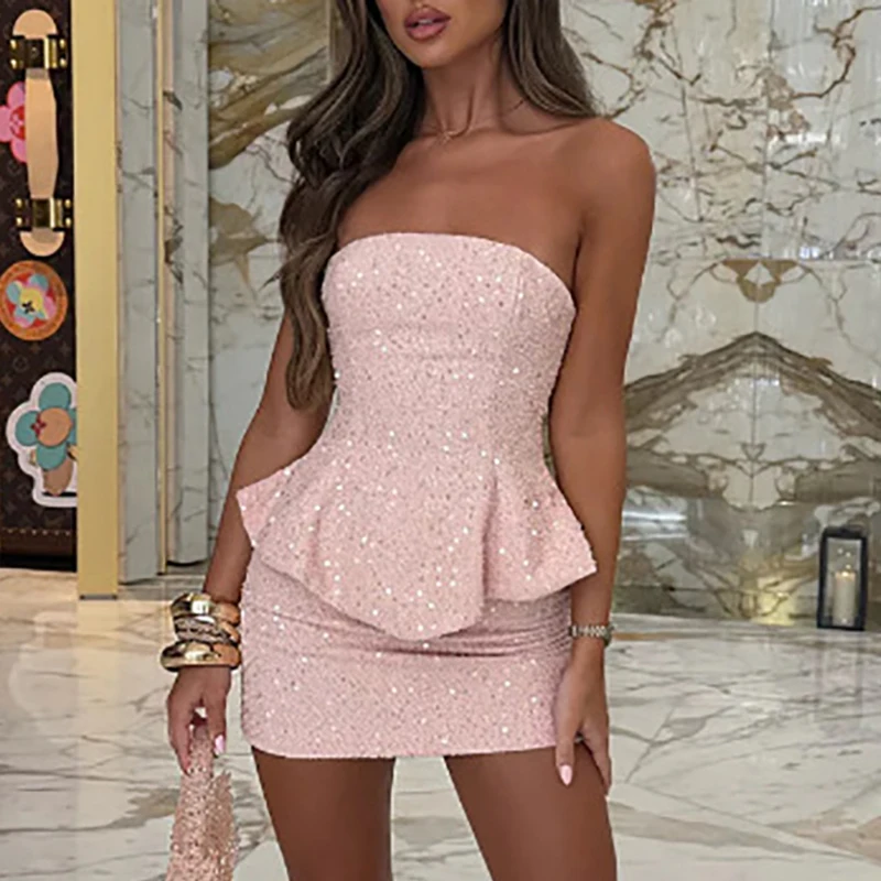 Lady Temperament Slim Off Shoulder Set Shiny Sequins Sleeveless Club Party Suit Elegant Solid Color High Waist Mini Skirt Outfit