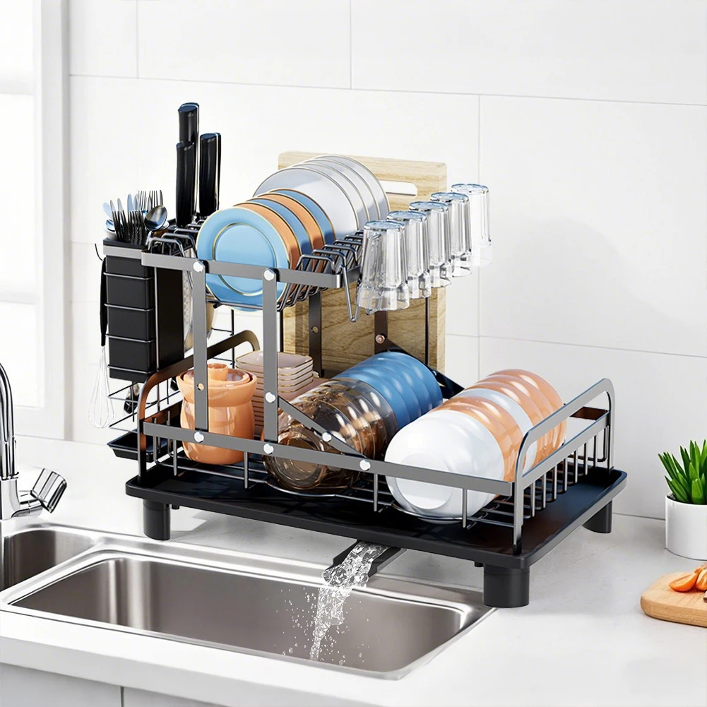 Large Capacity Space-Saving Dish Drying Rack with Draining Board,2 Tier Dish Drainer Rack - Dish Rack with Utensil Holder