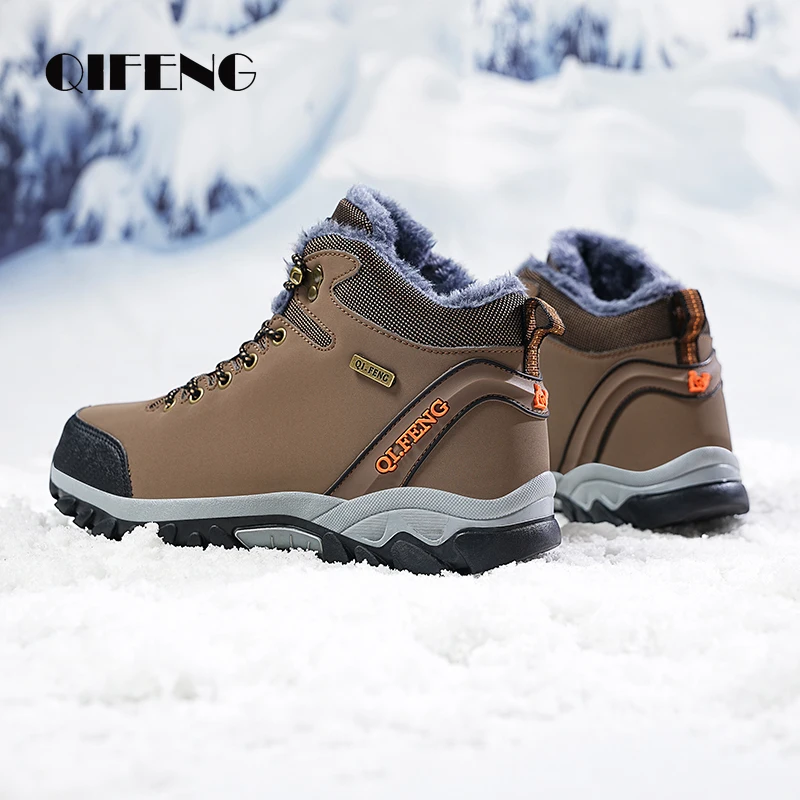 Large Size Men's and Boys' Outdoor Snow Boots Winter Black Casual Cowboy Leather Hiking Shoes Warm Plush Insulation Waterproof