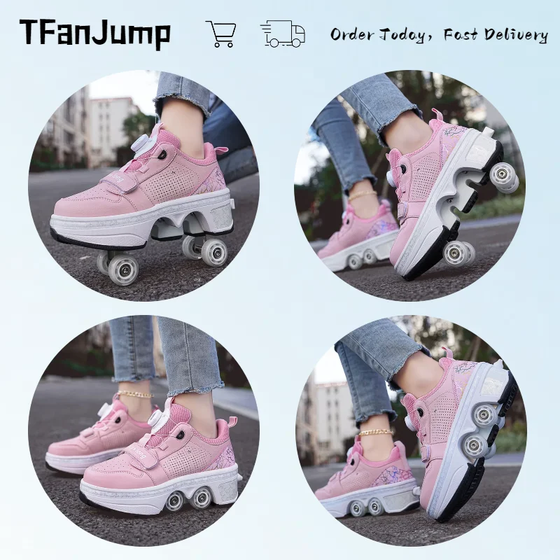 Latest Boys Teens Street Roller Shoes Double Wheel Casual Running Shoes Indoor And Outdoor Beginners Parkour Skate Shoes