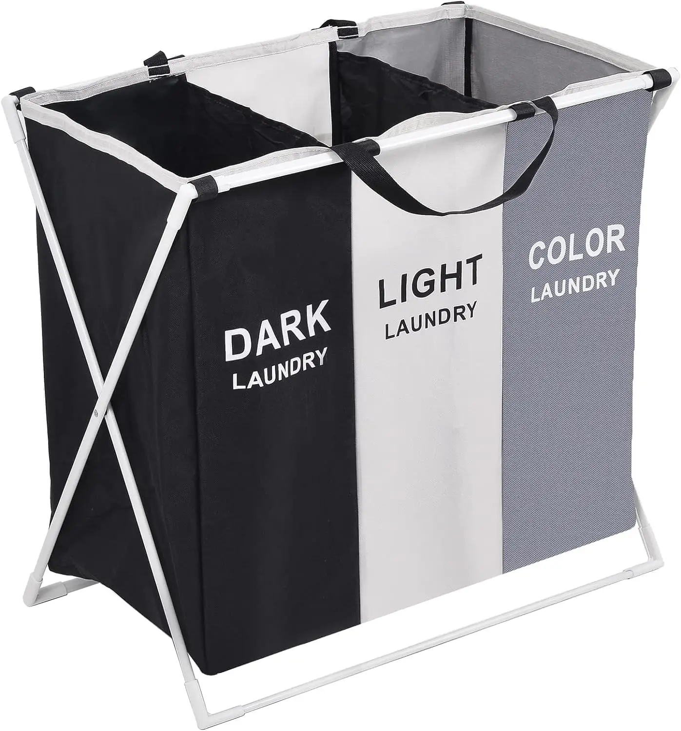 Laundry Basket 3 Compartments Large Foldable Bins Collapsible Hamper Aluminum Bracket and Carry Handles for Bedroom Bathroom