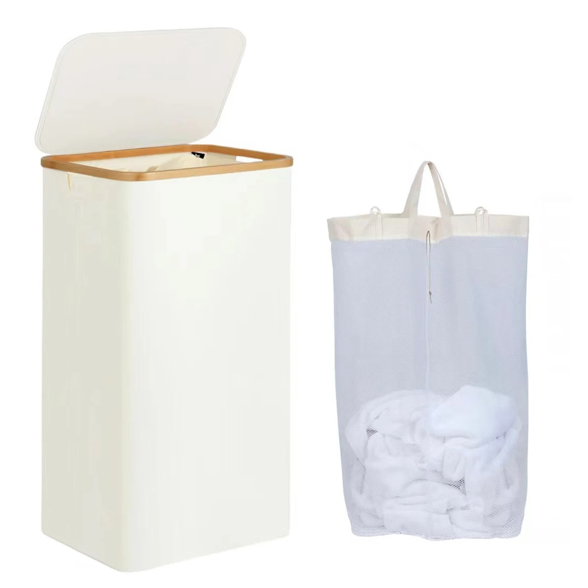 Laundry Baskets 100L, for Laundry With Removable and Washable Inner Bag, Slim Thin Laundry Basket With Lid and Bamboo Handle