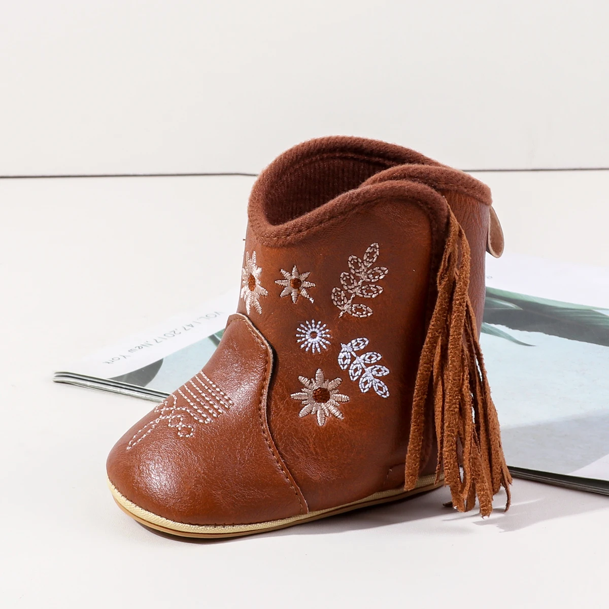 Leather Western Boots Cowboy Bootie Soft Sole Non-Slip Crib Shoes for Baby Infant Toddler Girls Boys Newborn