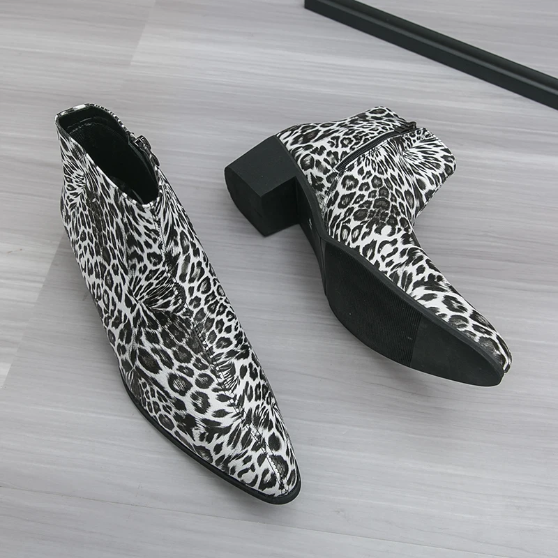 Leopard Print Chelsea Boots Pointed Leather Men's Booties Classic Stylish Zip Men's Boots Fashion Men Shoes New In Runway Botas