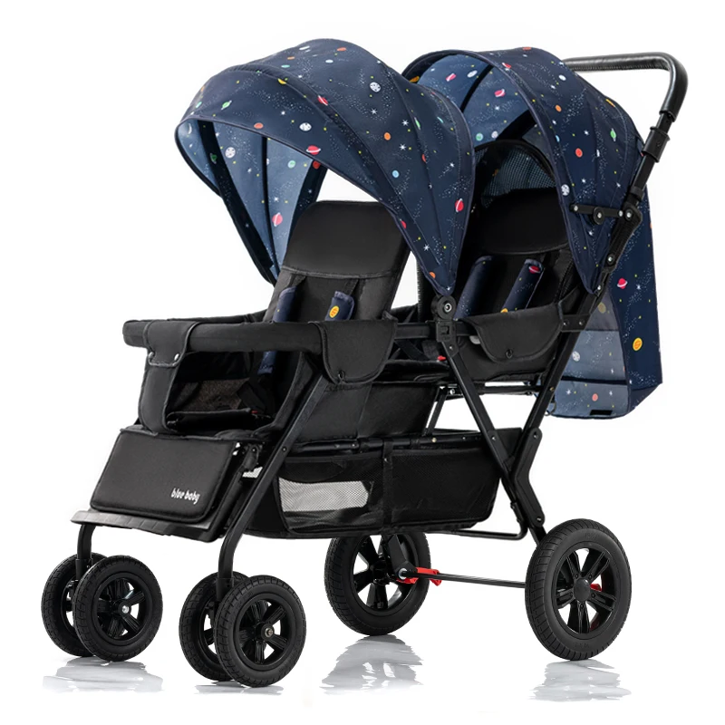 Lightweight Foldable Twin Stroller with Reclining Seats, Elevated Rear & Breathable Cabin, Adjustable PU Handles for Two Kids