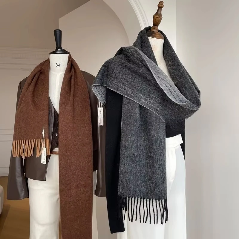 Luxury Australia 100% Pure Wool Scarf Women Man Winter Designer Double-Side Stitching Knitted Cashmere Shawl Female Muffler