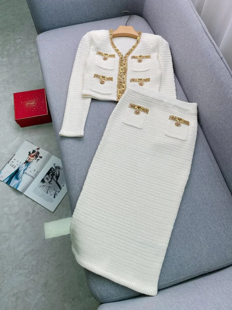 Luxury Crystal Long Evening Dresses Women 2 Piece Women Skirt Suits Beading Knitting Cardigans Sweater Long Pencil Skirts Sets