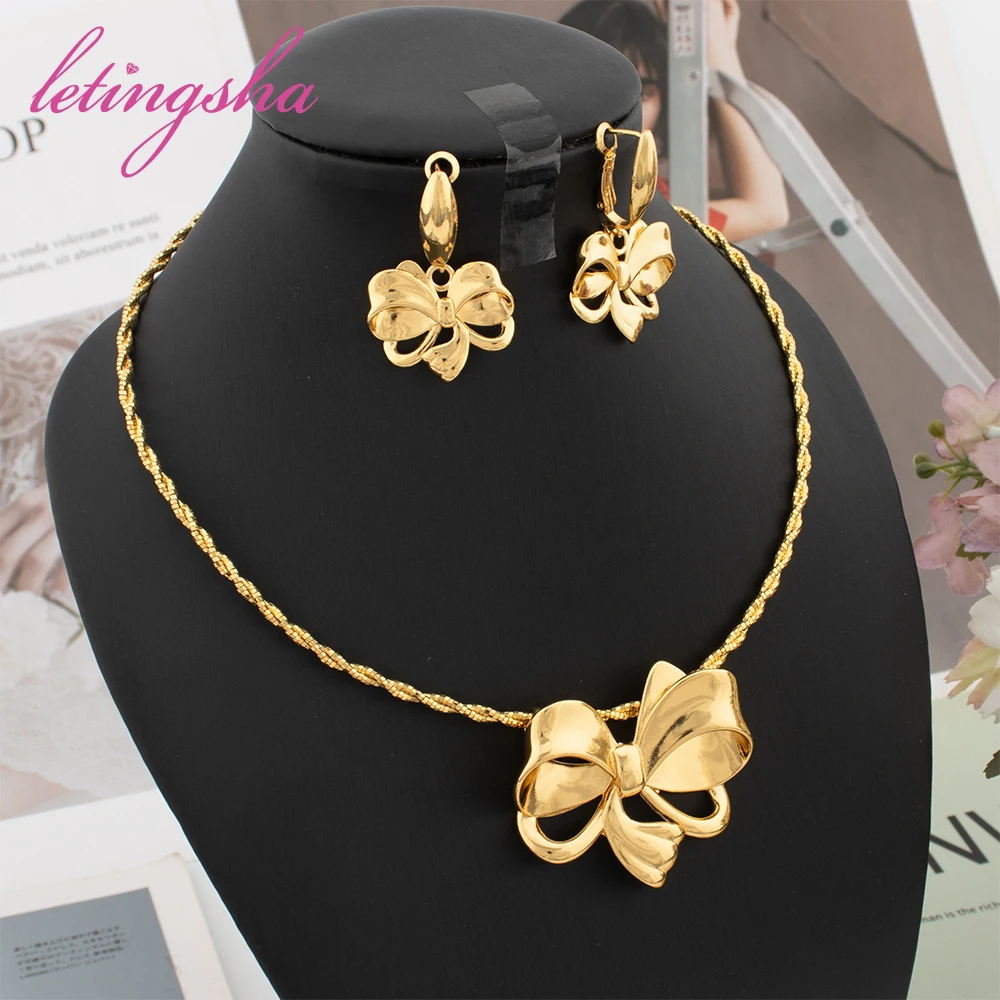 Luxury Elegant Bowknot Design Jewelry Set Women African Dubai Gold Color Fashion Necklace Earrings Set for Graceful Ladies Gift