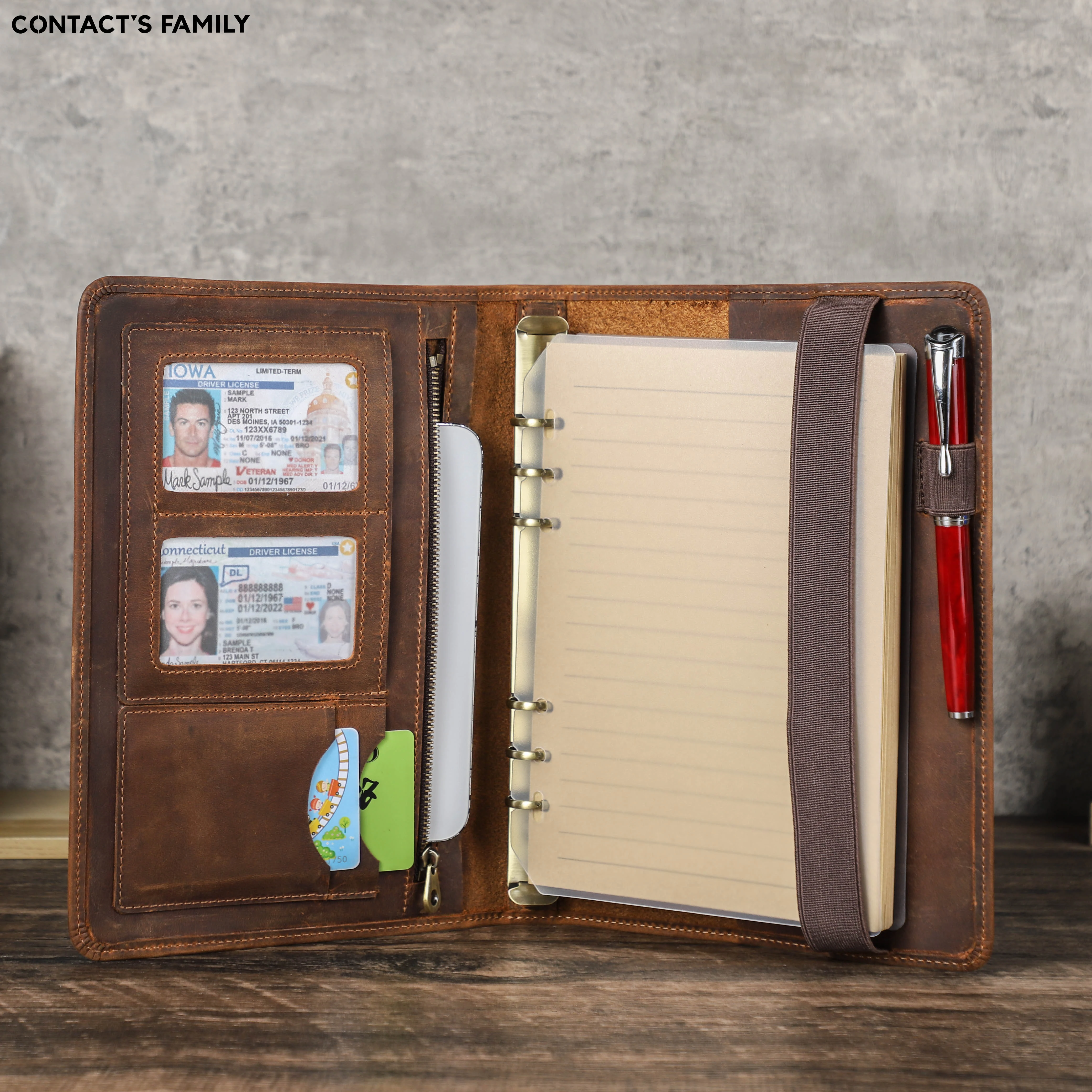 Luxury Retro Business A5 Notebook Leather Cover Portfolio with 6 Ring Binder Paper Pen Ipad Mini Holder Card Slots Travel Case