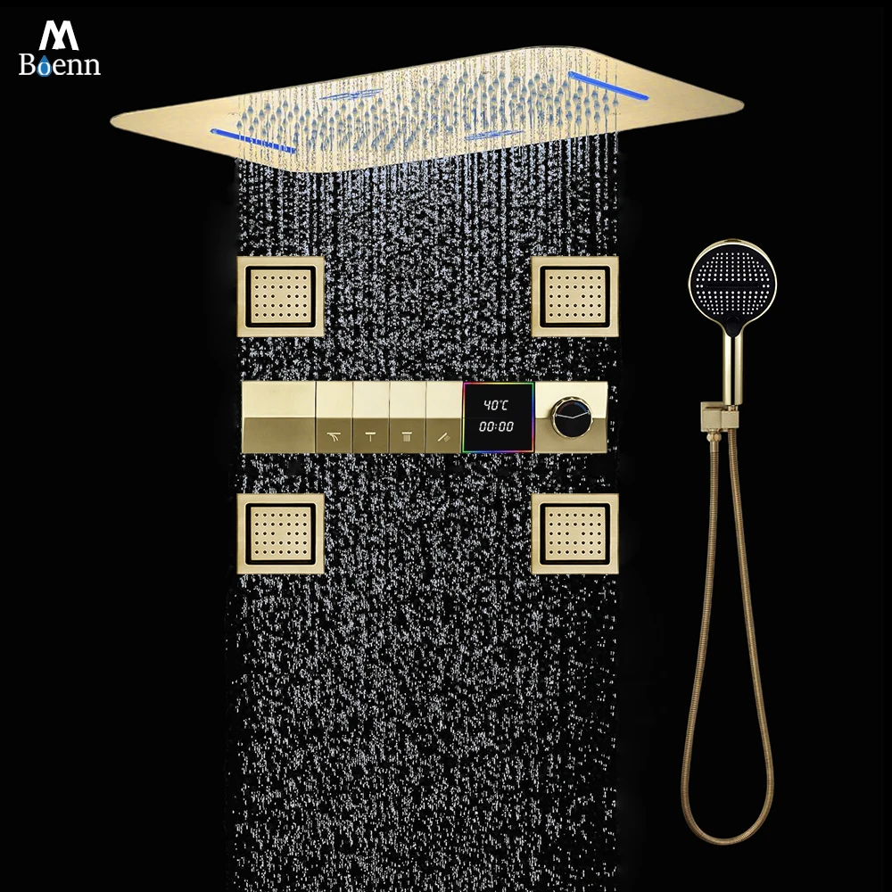 M Boenn Large Shower Set System Bathroom Faucet 64-Color Lighting Music Shower Head Smart Digital Display Thermostat Mixer Brass