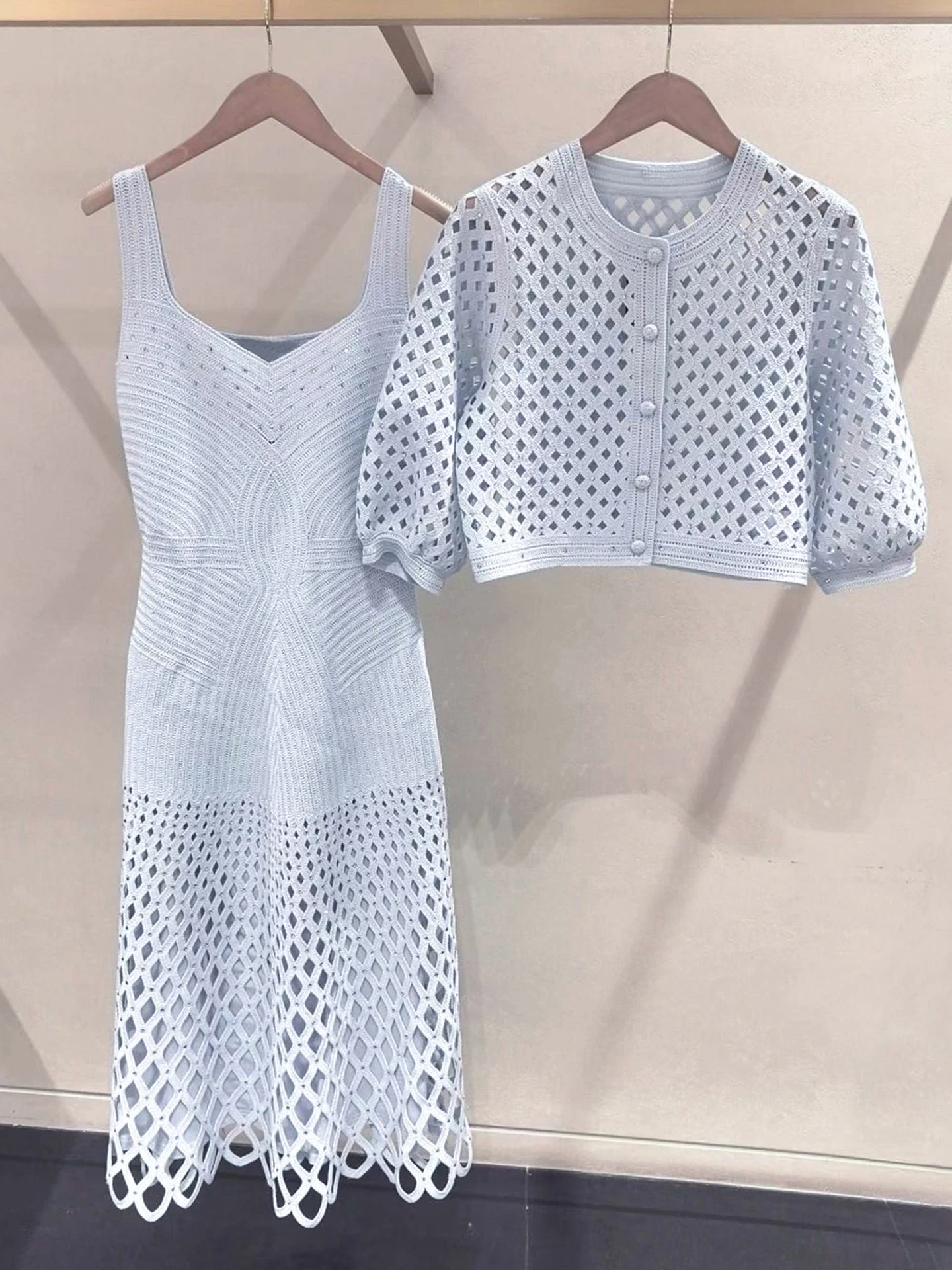 M Home Nan You High End Women's Spring Knitted Hollow out Cardigan Coat with Diamond Trim Two Piece Set Short Sleeve Dress