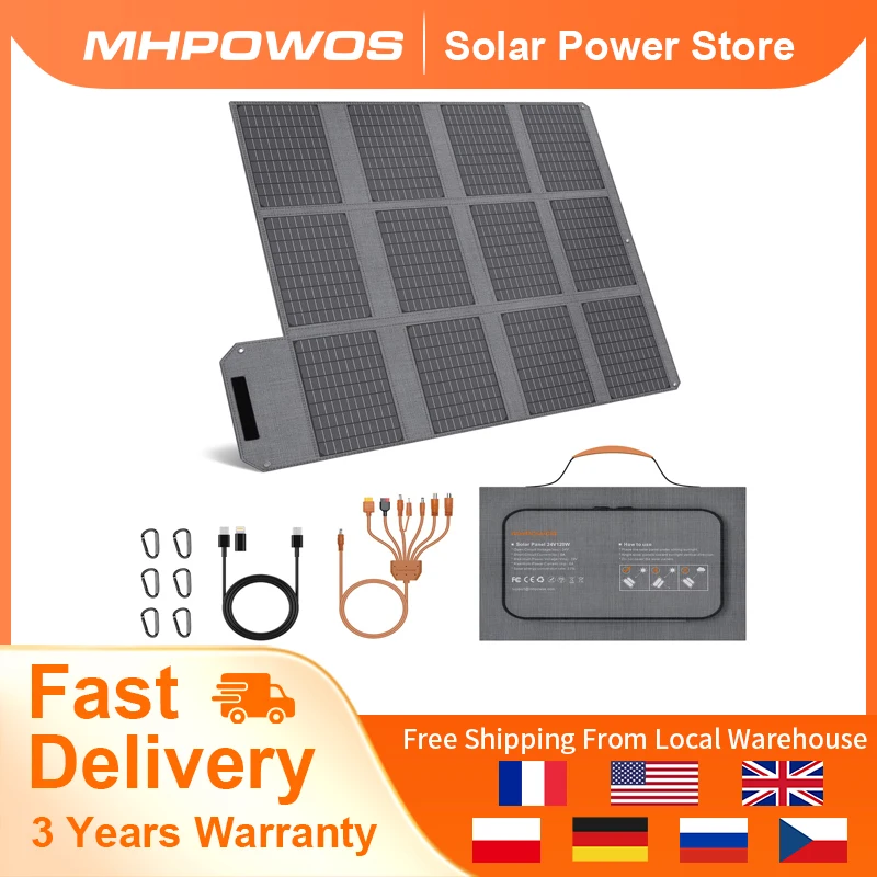 MHPOWOS 120W Foldable Solar Panel with USB-C/2xUSB-A/DC Outputs Portable Battery Charger For Outdoor Waterproof Power Camping