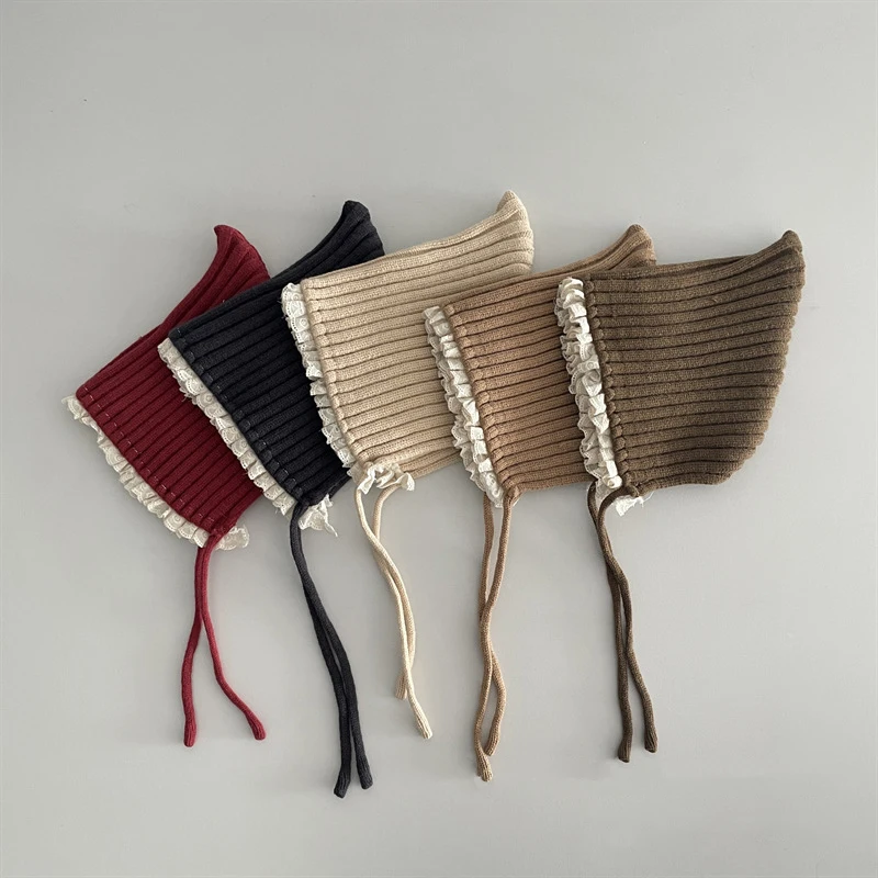 MILANCEL New Winter Baby Knit Hat 6-12M Solid Color Lace Edged Infant Girls Ear Protection Hat Warm Toddler Boys Cap