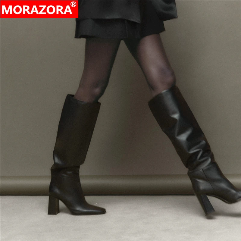 MORAZORA Size 34-43 New Genuine Leather Boots Women Square Toe High Heels Knee High Boots Autumn Winter Boots Ladies Shoes
