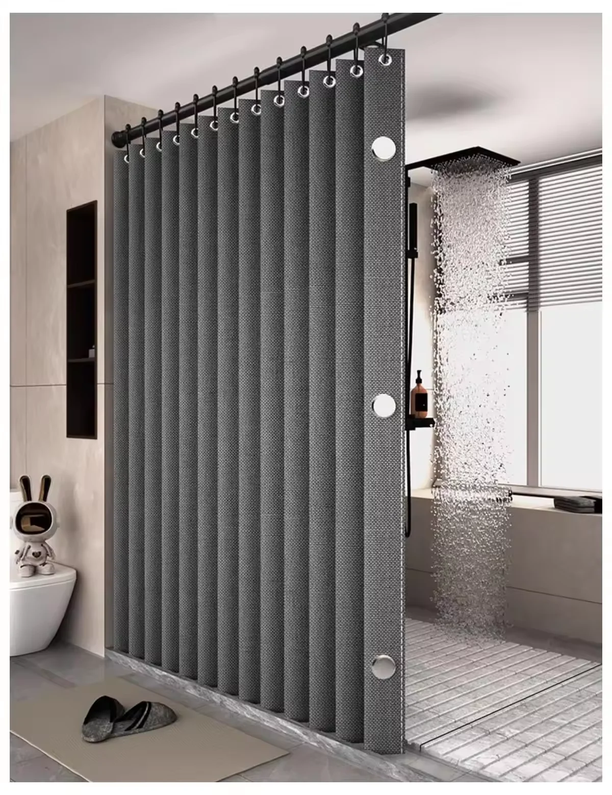 Magnetic Foldable Linen Bath Curtain Waterproof for Walk-In Shower - No Included Adjustable Rod