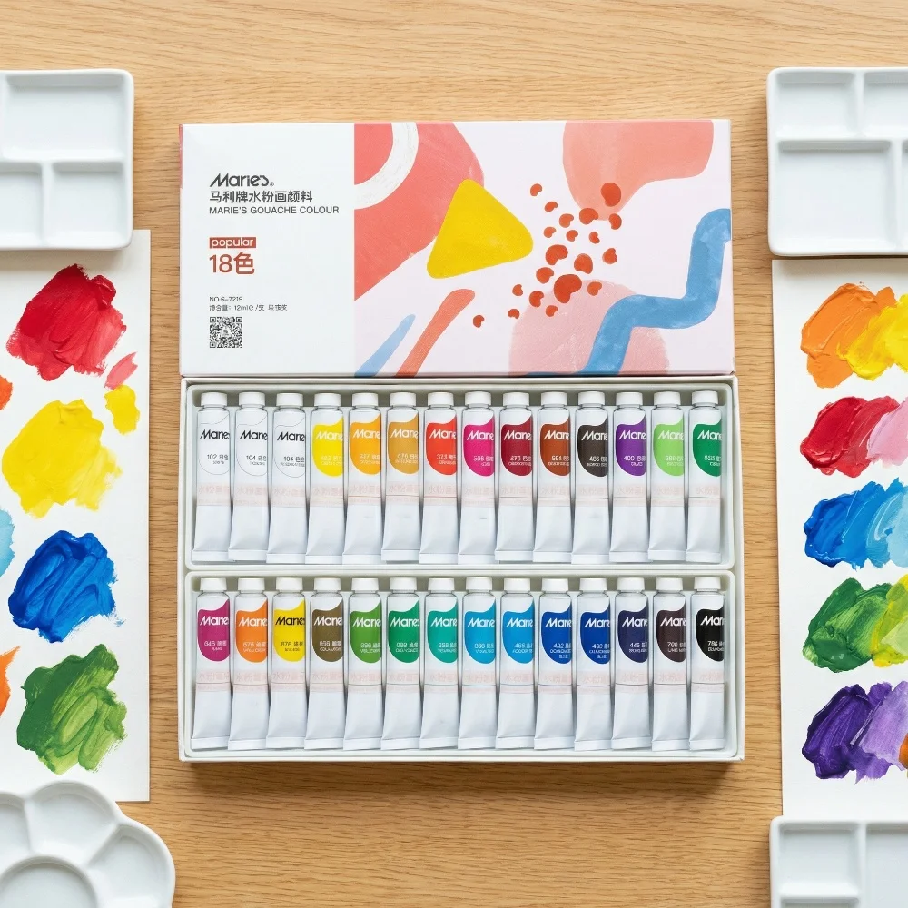 Marie's Gouache Paint Set,12/18/24/36 Colors x 12ml,0.4fl oz Tubes,Water-Based Pigment for Canvas,Crafts,Painting for Adults