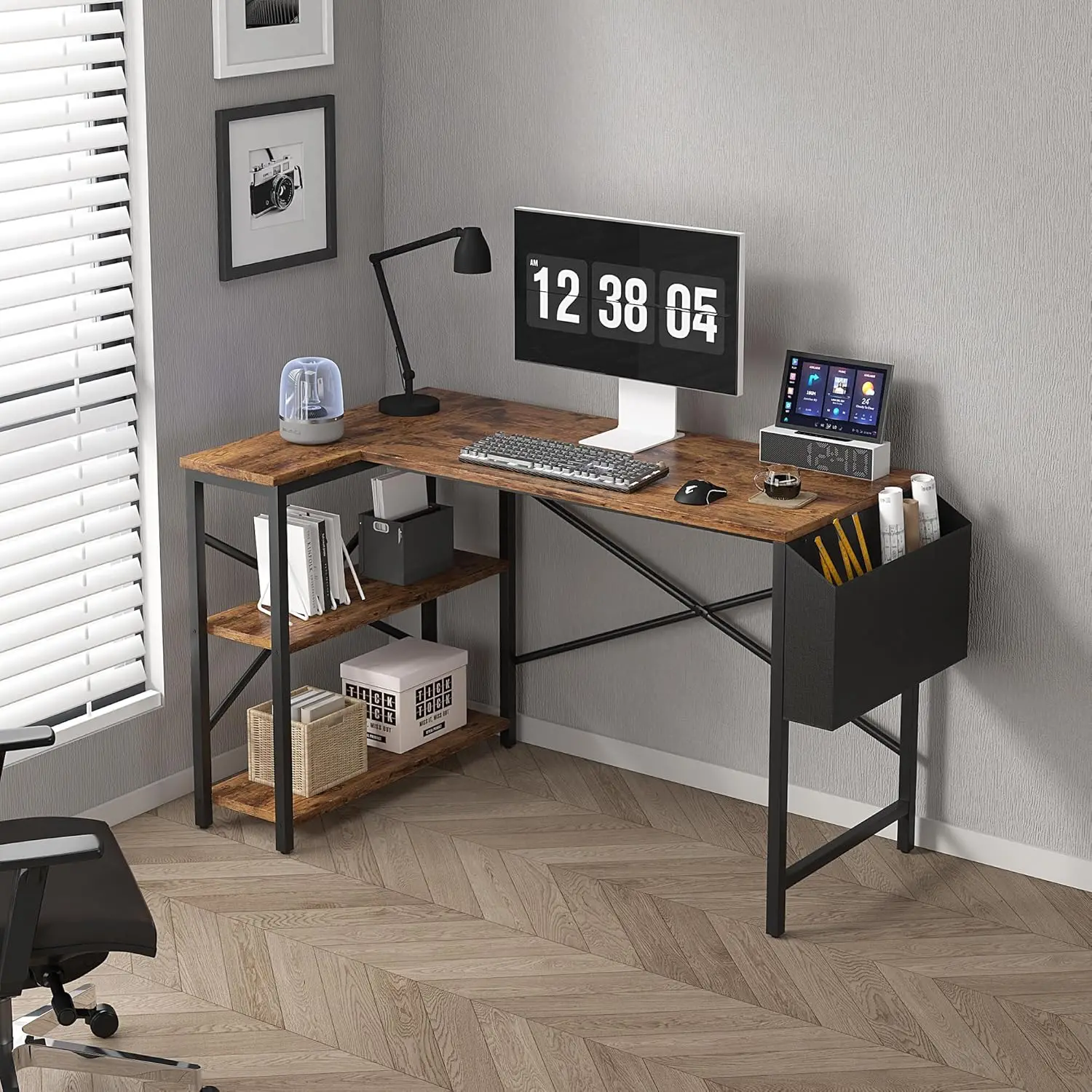 Mcc Direct L Shaped Corner Desk - Computer Desk with Bookshelf, Reversible for Home Office Studio Workstation