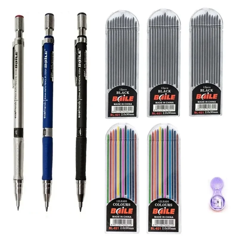 Mechanical Pencil Set 2.0 mm with 2B Black/Colors Lead Refill For Writing Sketching Art Drawing Painting School Automatic Pencil