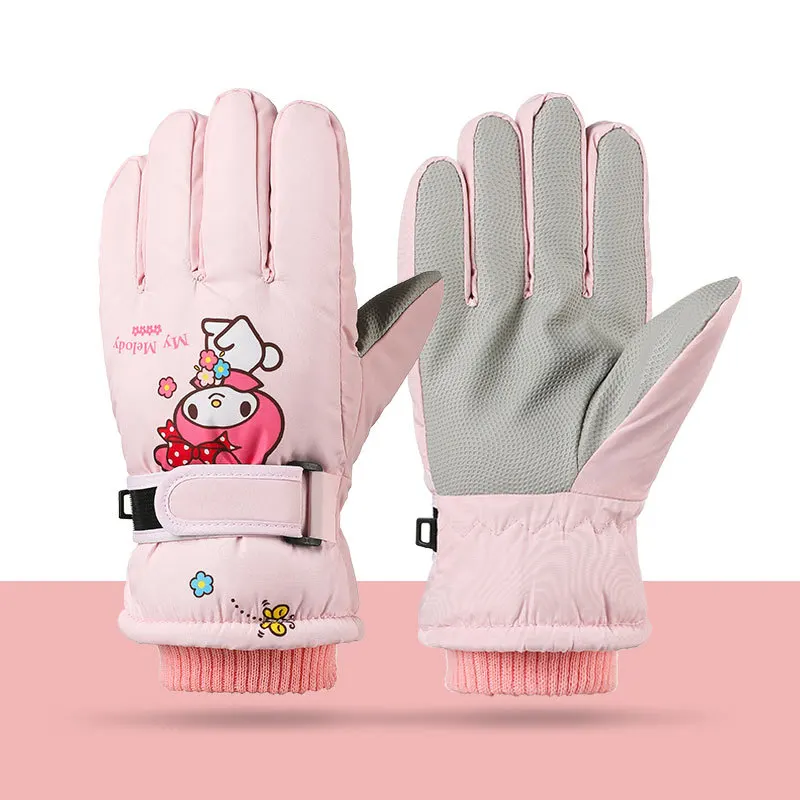 Melody Kuromi Winter Children Fleece Gloves Waterproof Outdoor Ski Warm Outdoor Cycling Gloves Windproof Cold Resistant Sanrio