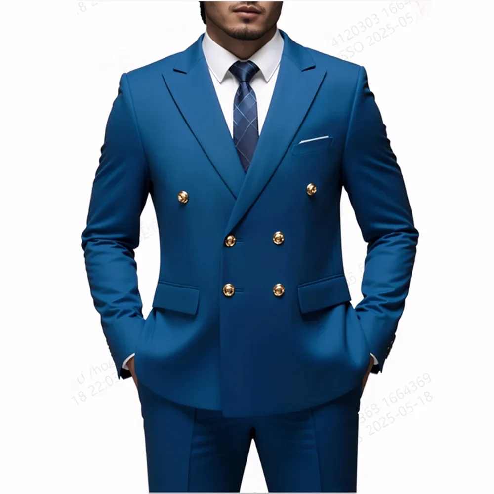 Men Double Breasted Suit Black Slim Fit High Quality Wedding Costume Party Prom Gold Button Male Suits