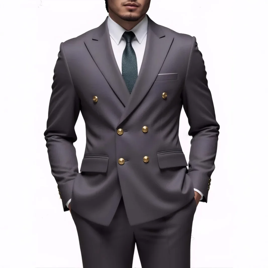 Men Double Breasted Suit Black Slim Fit High Quality Wedding Costume Party Prom Gold Button Male Suits