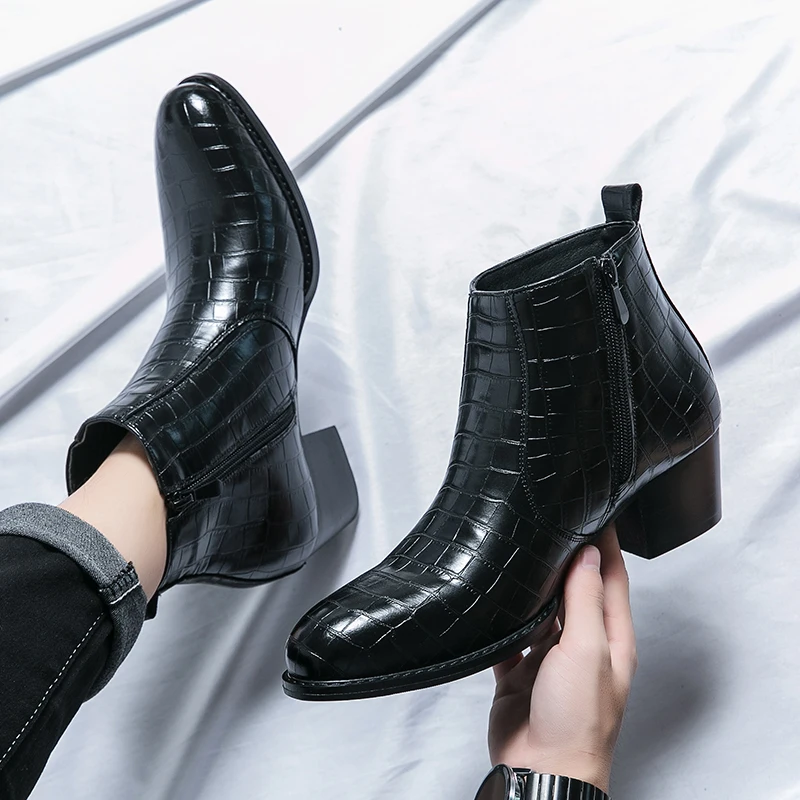 Men High Heels Chelsea Boots PU Embossed Pattern Pointed Fashion Classic Banquet Men Boots