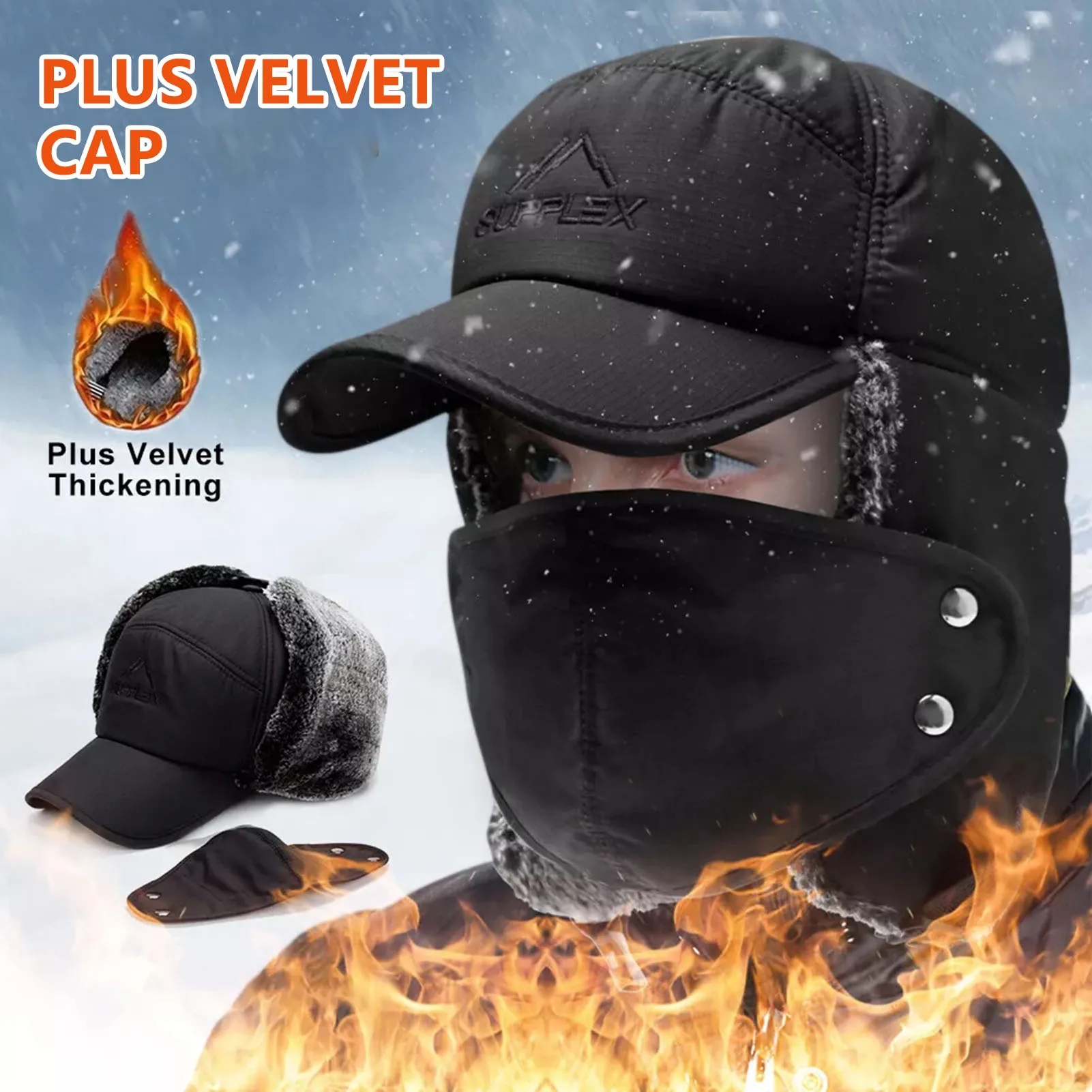 Men Winter Fur Hat with Ear Flaps and Face Mask Windproof Warm Fleece Lined Ski Snow Motorcycle Riding Cap Black Grey Navy Blue