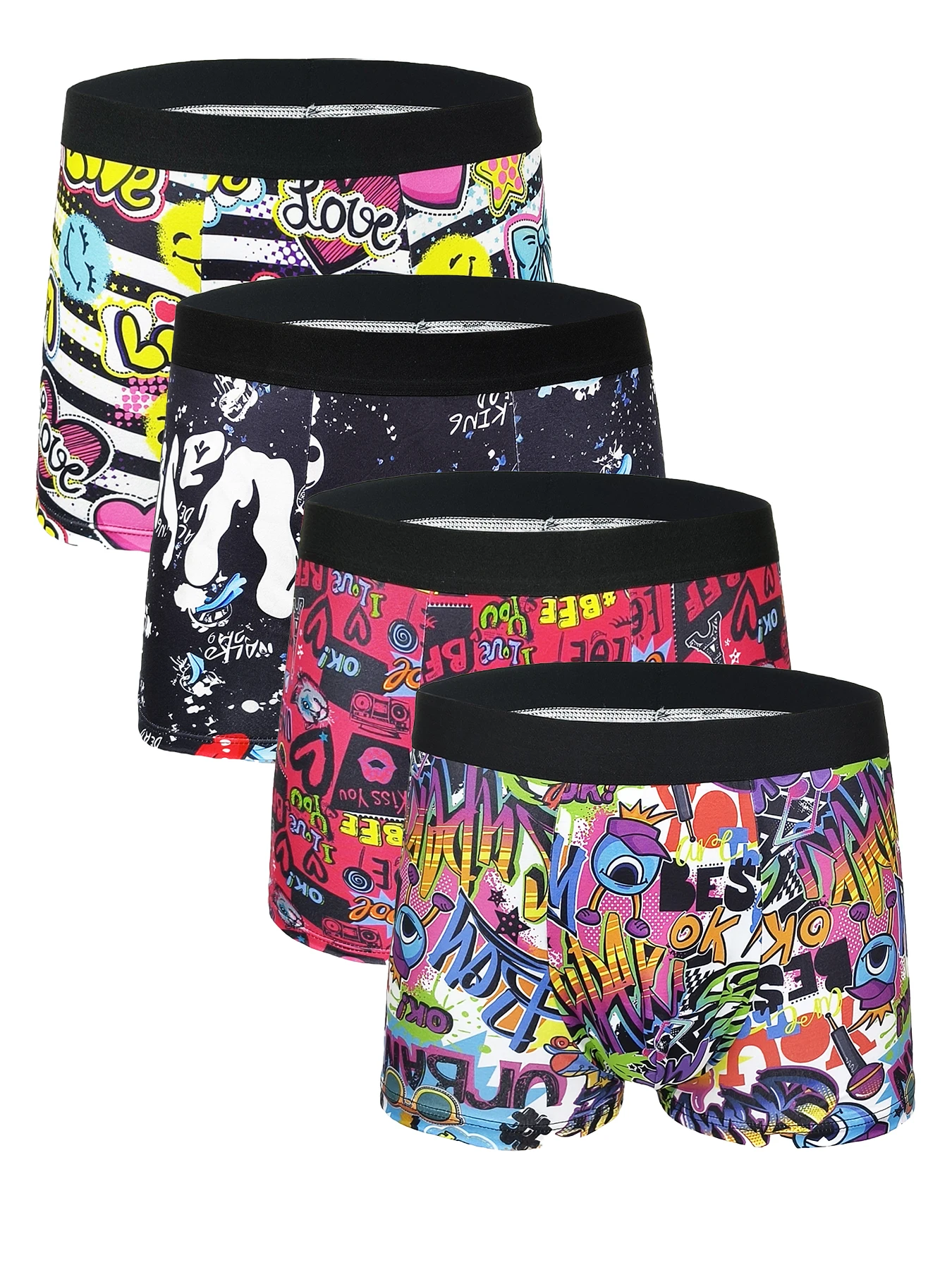 Men's 4-Pack Polyester Boxer Briefs - Graffiti Art Print, Black Waistband Underwear Set