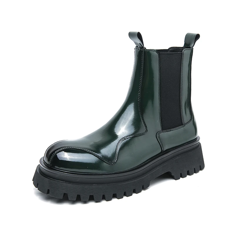 Men's Chunky Chelsea Boots Retro Thick Sole Glossy Faux Leather Elastic Side Panel for Streetwear Party & Autumn/Winter Fashion