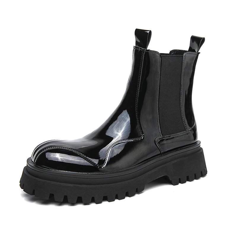 Men's Chunky Chelsea Boots Retro Thick Sole Glossy Faux Leather Elastic Side Panel for Streetwear Party & Autumn/Winter Fashion