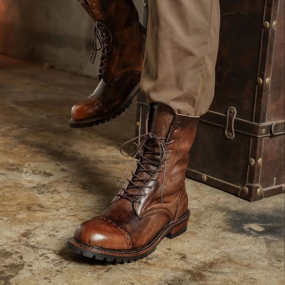 Men's Cow Genuine Leather Motorcycle Boots Brogue Shoes Retro High Round Toe Mid-calf Western Cowboy Chelsea Boots Brown