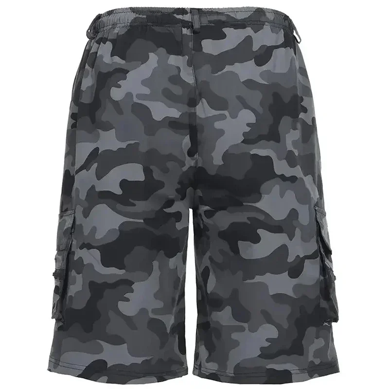 Mens Drawstring Cargo Shorts Camo Print Solid Black Khaki Multi Pocket Summer Casual Outdoor Utility Fabric Short Trousers