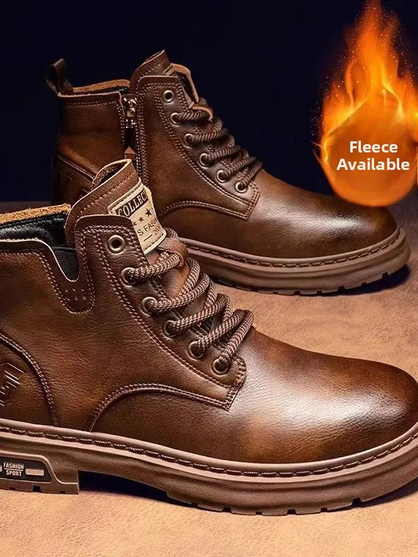 Men's Fleece Lined Boots Winter Cotton Leather High Top Snow Boots Anti Slip Workwear Shoes Comfortable Warm Rubber Sole
