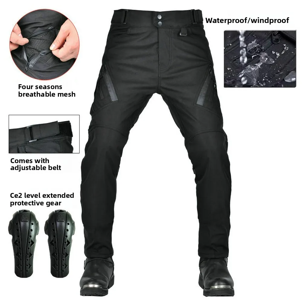 Men's High Waist Motorcycle Riding Pants Four Seasons Anti-Fall Waterproof Windproof Breathable Double Layer Bike Pants