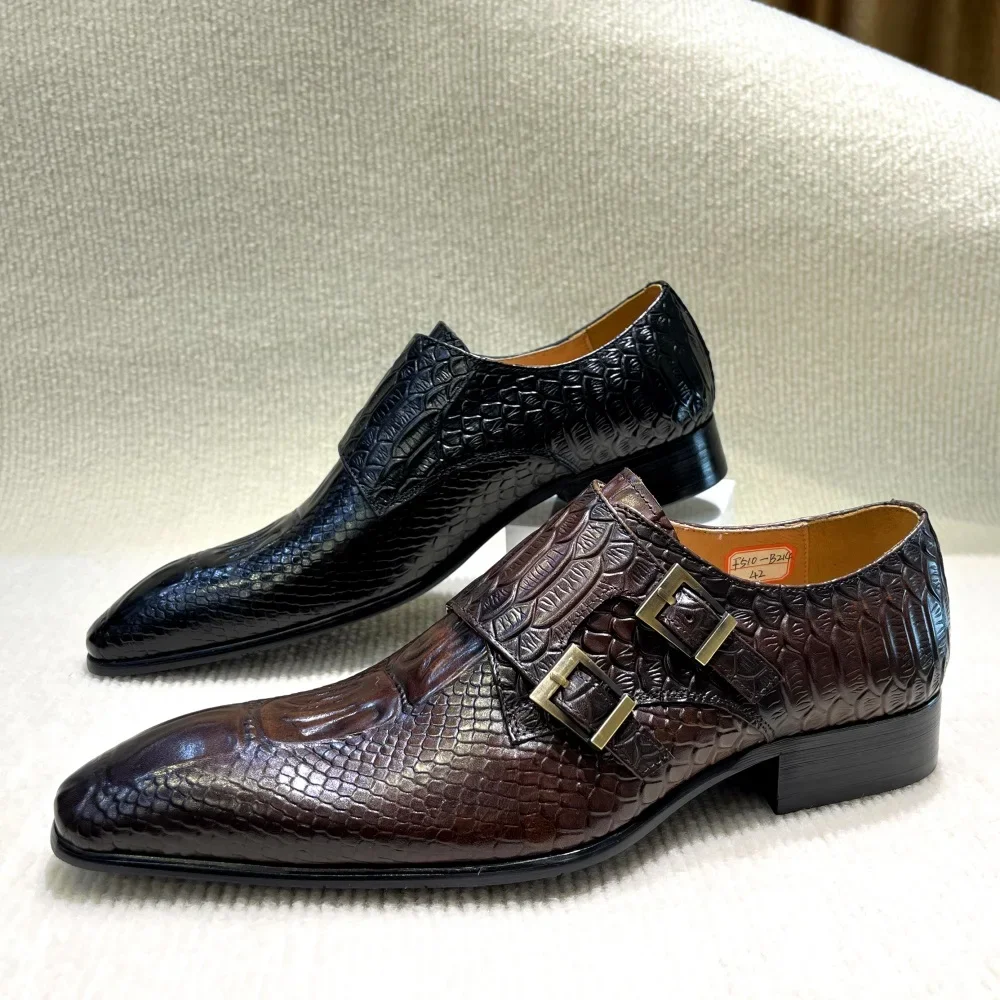 Men's Italian Genuine Leather Formal Oxford Shoes Python Crocodile Pattern Button Detailing for Office Party Wedding Footwear