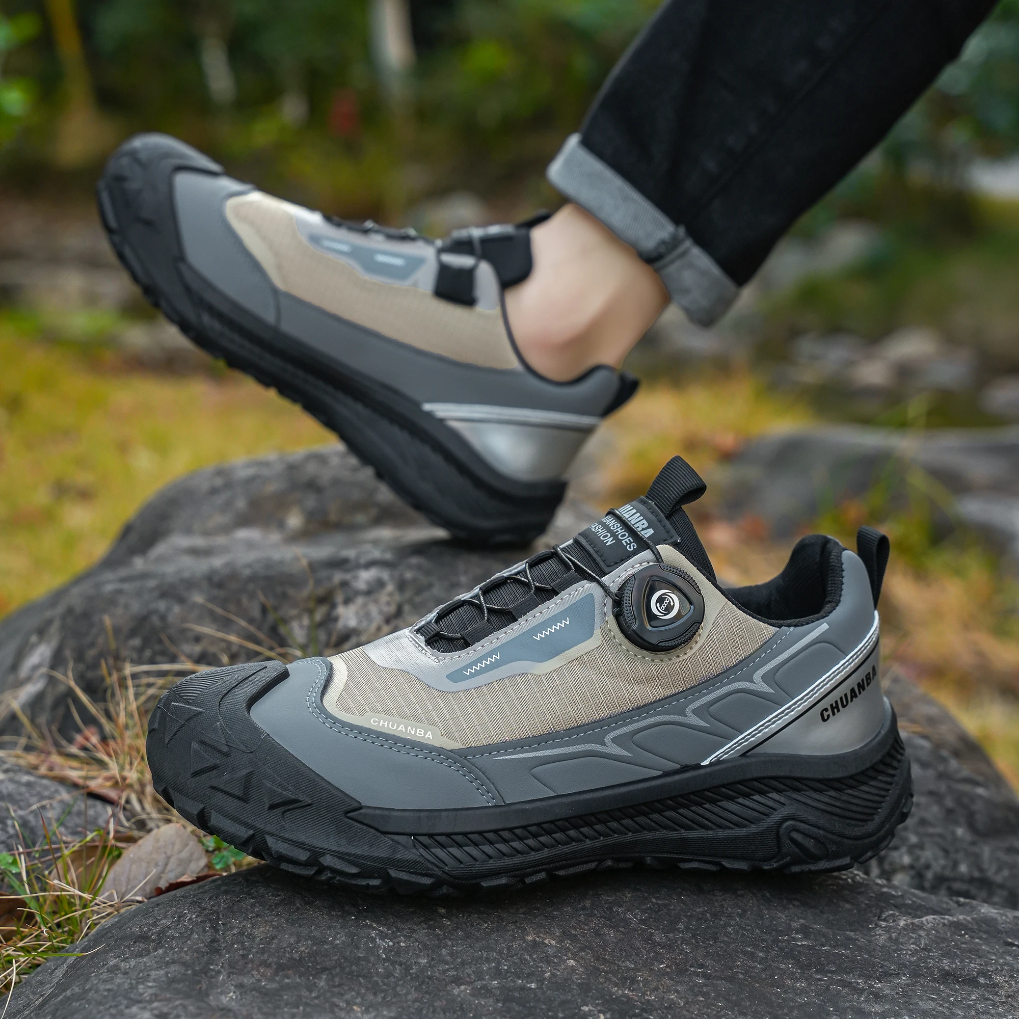 Men's Lightweight Casual Shoes Outdoor Running Shoes in Black Grey Khaki Sizes 39-48 PU Material with Canvas