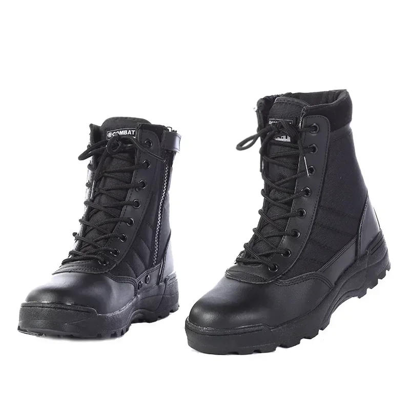 Men's Outdoor High-top Leather Boots Tactical Military Boots Black Thick-soled Shoes Lightweight and Wear-resistant Hiking Shoes