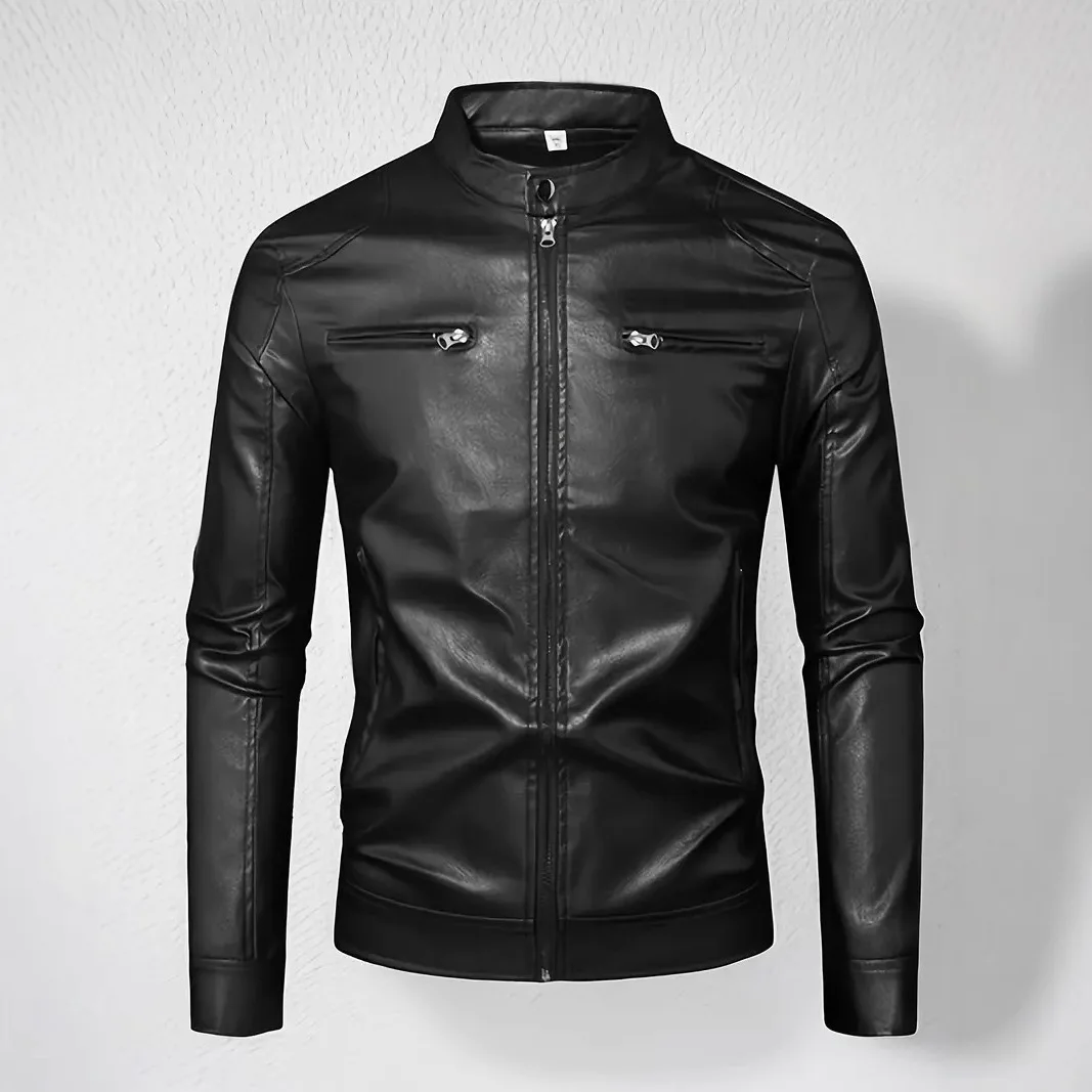 Men's Slim Fit PU Leather Jacket Zipper Cardigan Decorative Pockets Business Casual Lightweight Spring Autumn Winter Coat