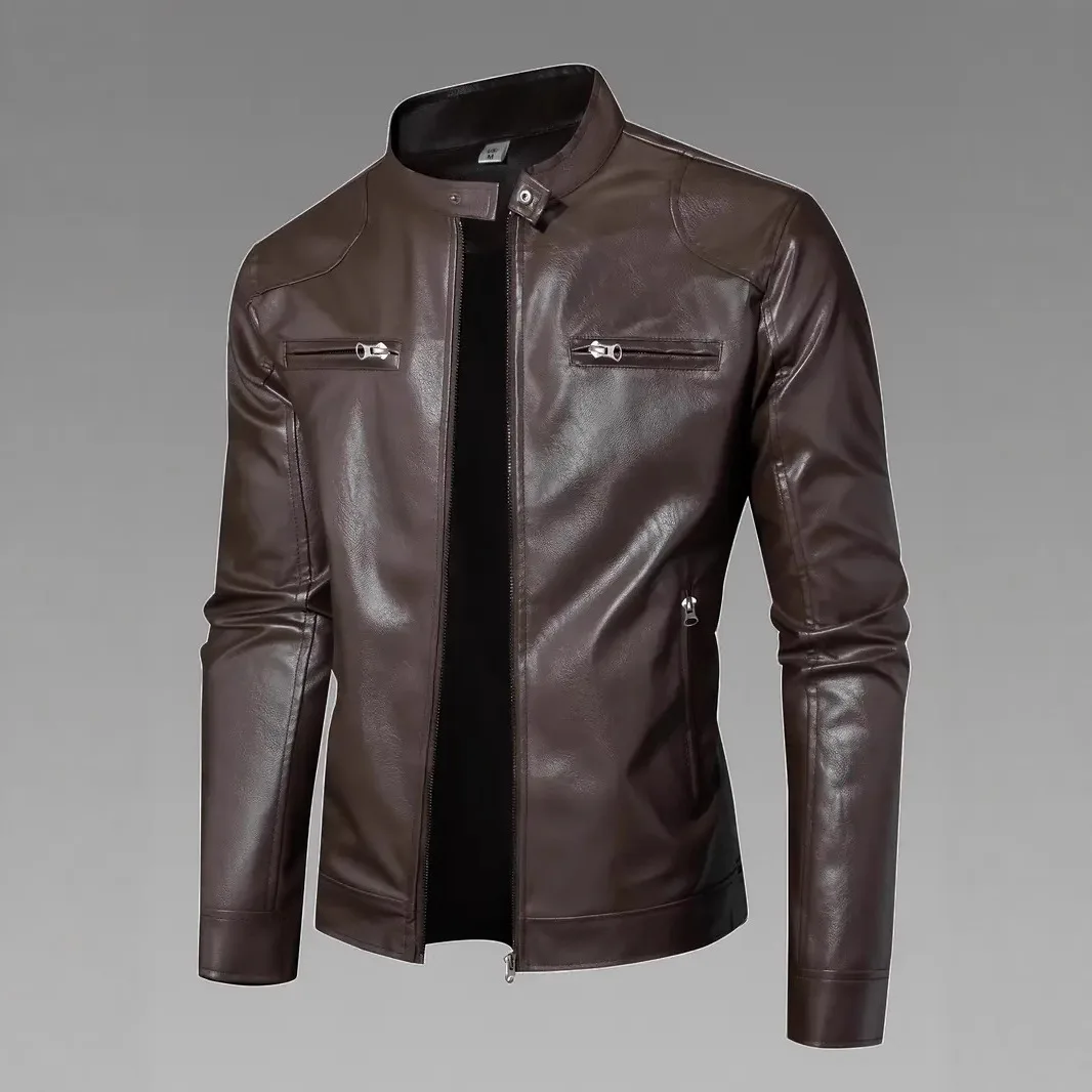 Men's Slim Fit PU Leather Jacket Zipper Cardigan Decorative Pockets Business Casual Lightweight Spring Autumn Winter Coat