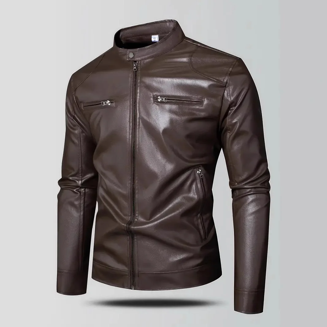 Men's Slim Fit PU Leather Jacket Zipper Cardigan Decorative Pockets Business Casual Lightweight Spring Autumn Winter Coat