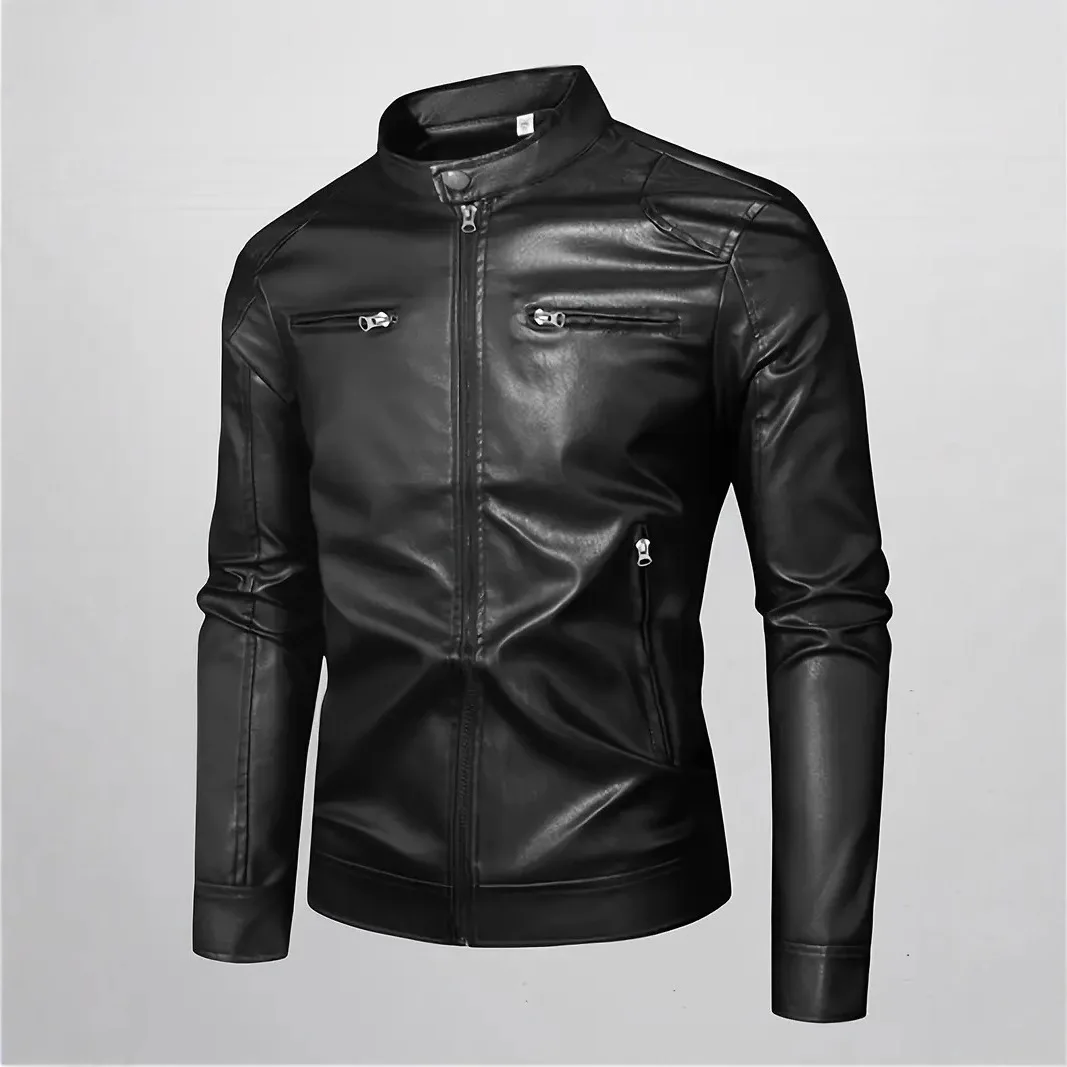 Men's Slim Fit PU Leather Jacket Zipper Cardigan Decorative Pockets Business Casual Lightweight Spring Autumn Winter Coat