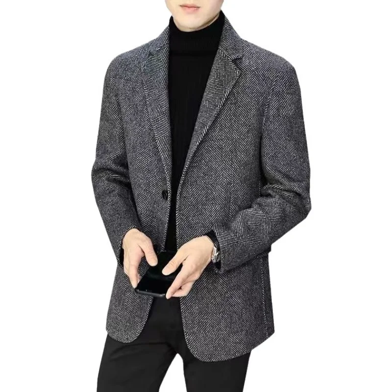 Men's Winter Wool Blend Suit Jacket Herringbone Pattern Lapel Two Button Slim Fit Business Casual Blazer Coat Autumn Fashion