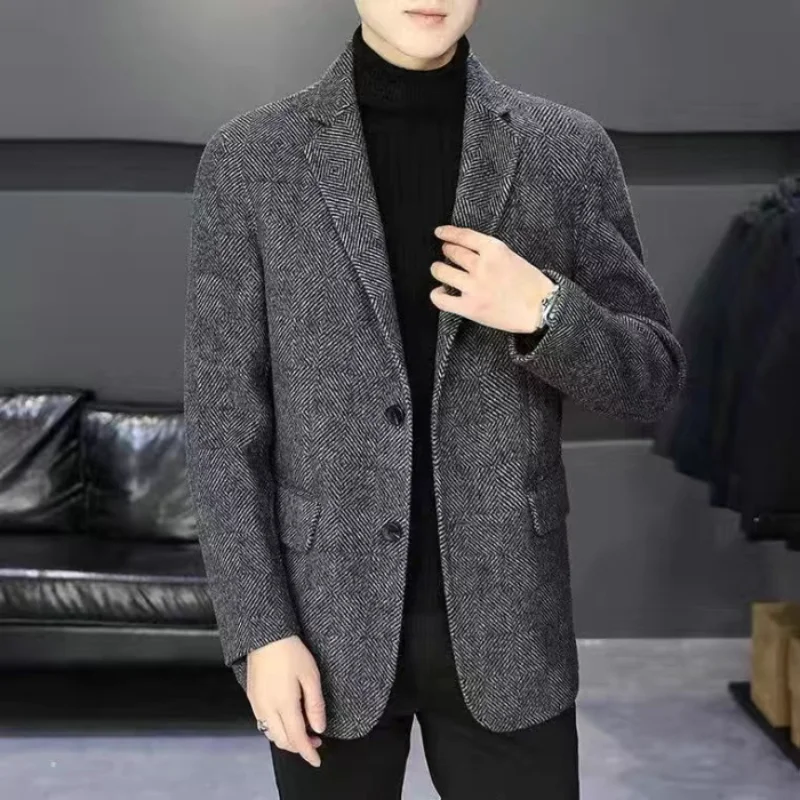 Men's Winter Wool Blend Suit Jacket Herringbone Pattern Lapel Two Button Slim Fit Business Casual Blazer Coat Autumn Fashion