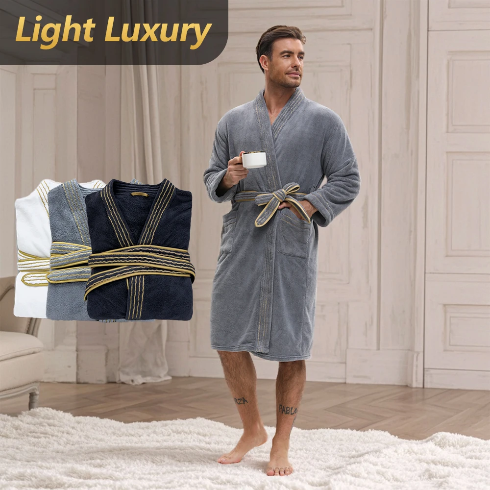 Men's elegant solid color long coral fleece thick bathrobe set, long bathrobe with pocket, comfortable and close fitting home