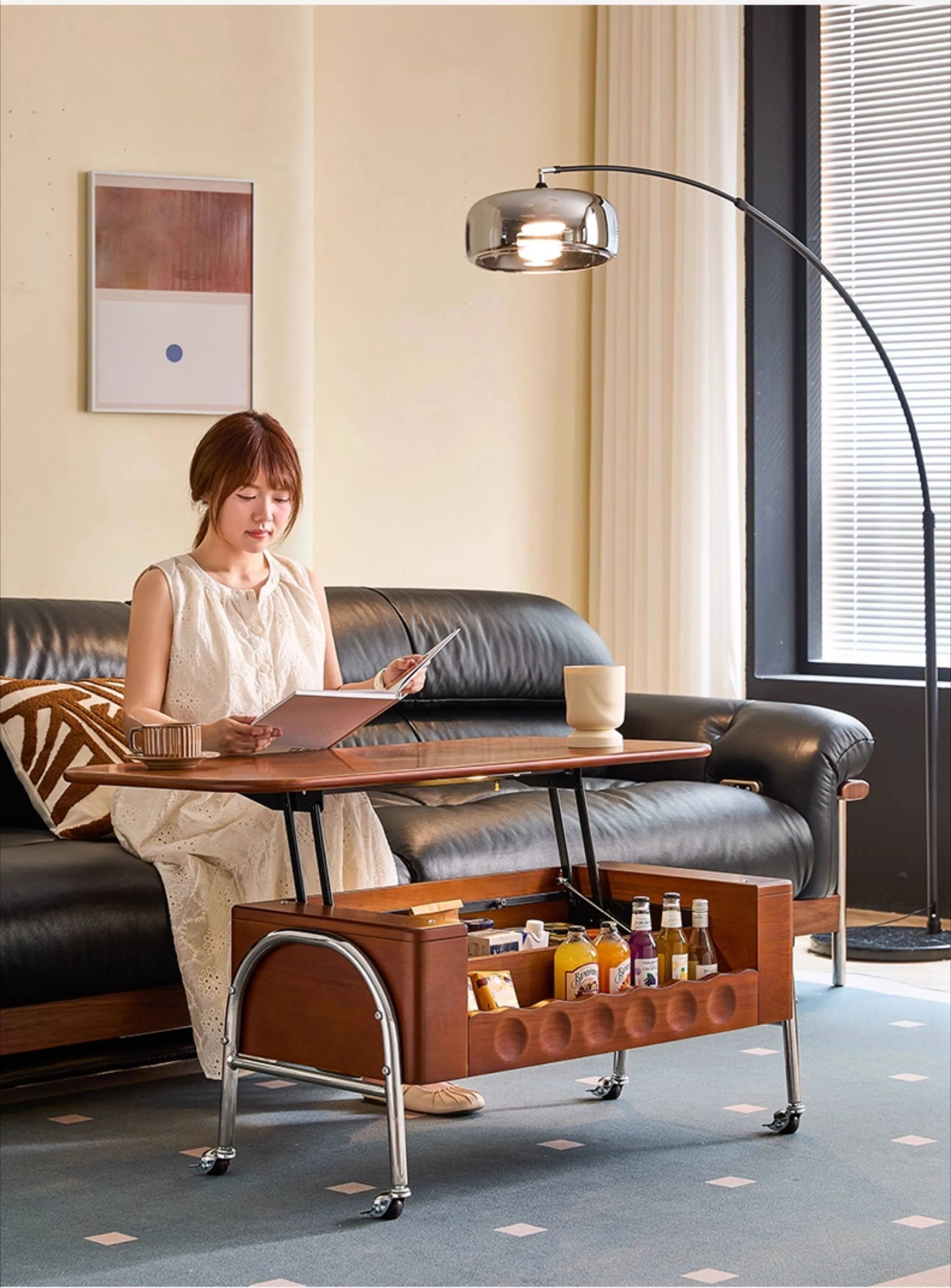 Mid Century Modern Solid Wood Lift Coffee Table Movable With Storage Height Adjustable For Living Room Home Dining Space Saving