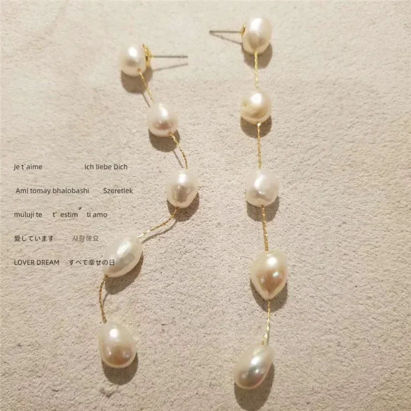 Minar Elegant Rice Frashwater Pearl Long Tassel Drop Earrings for Women Ladies Gold Color Chain Thread Bridal Jewelry Gift