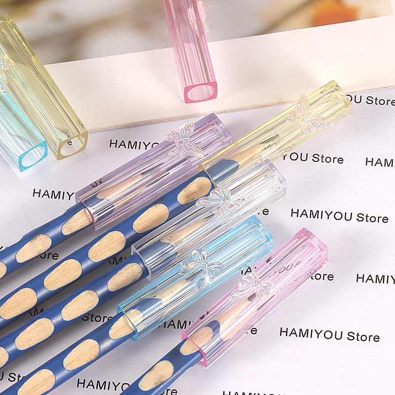 Mix 5 colors of butterflies Clear Plastic Pencil Cap Transparent Pencil Top Pencil Protective Cap Extender Hard sturdy Cute Pink