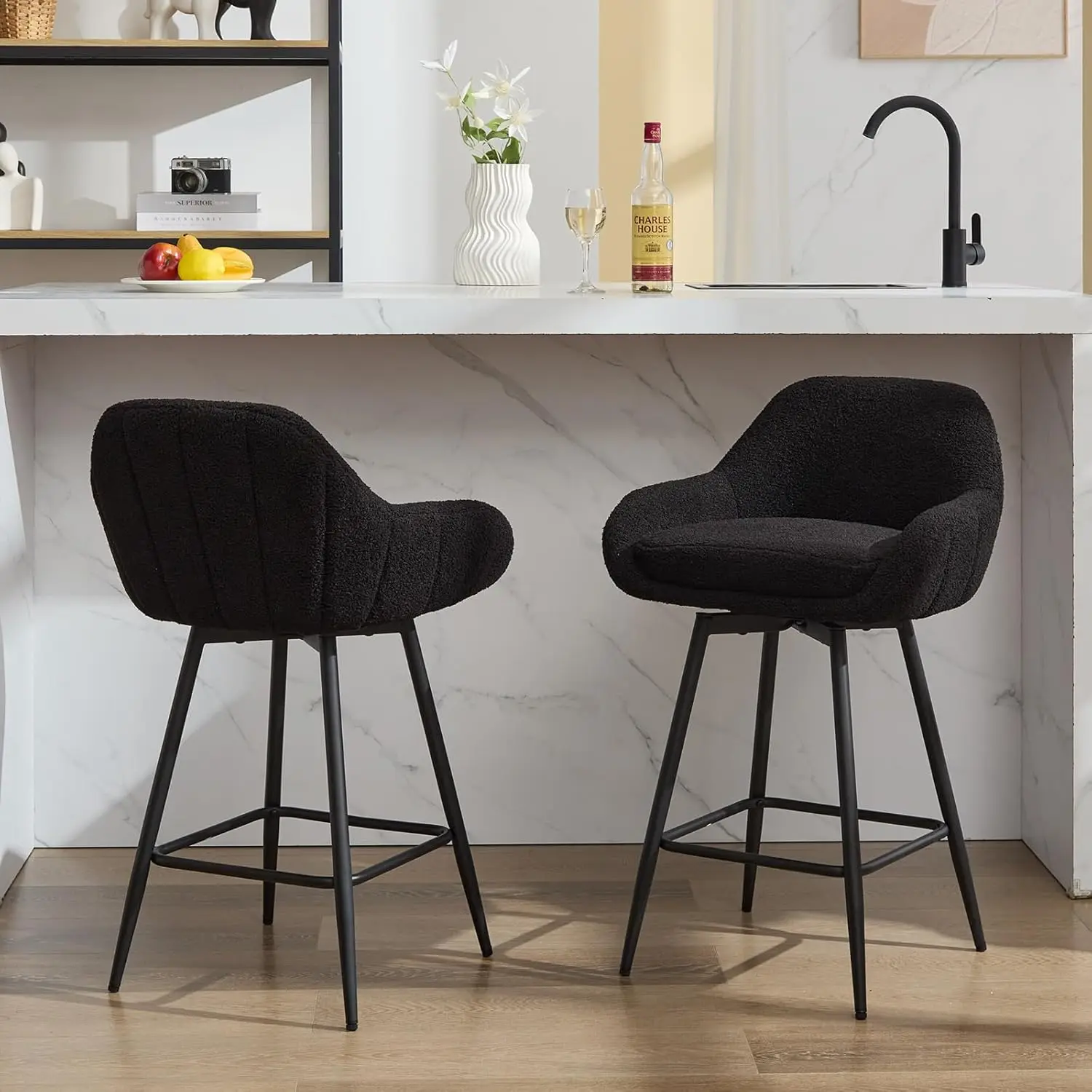 Modern Swivel Bar Stools Set of 2, 66cm Counter Height Kitchen Stools with Sherpa & Brown PU Leather, Padded Swivel Breakfast Ba