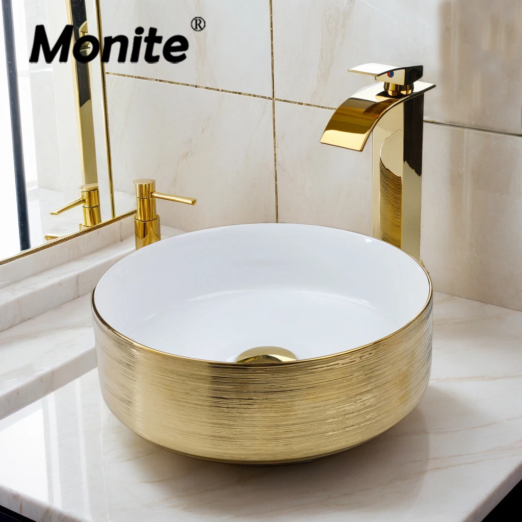 Monite Gold Ceramic Bathroom Basin Set Round Vessel Countertop Washbasin Golden Waterfall Faucet W/ Pop-up Drain Combo Kit